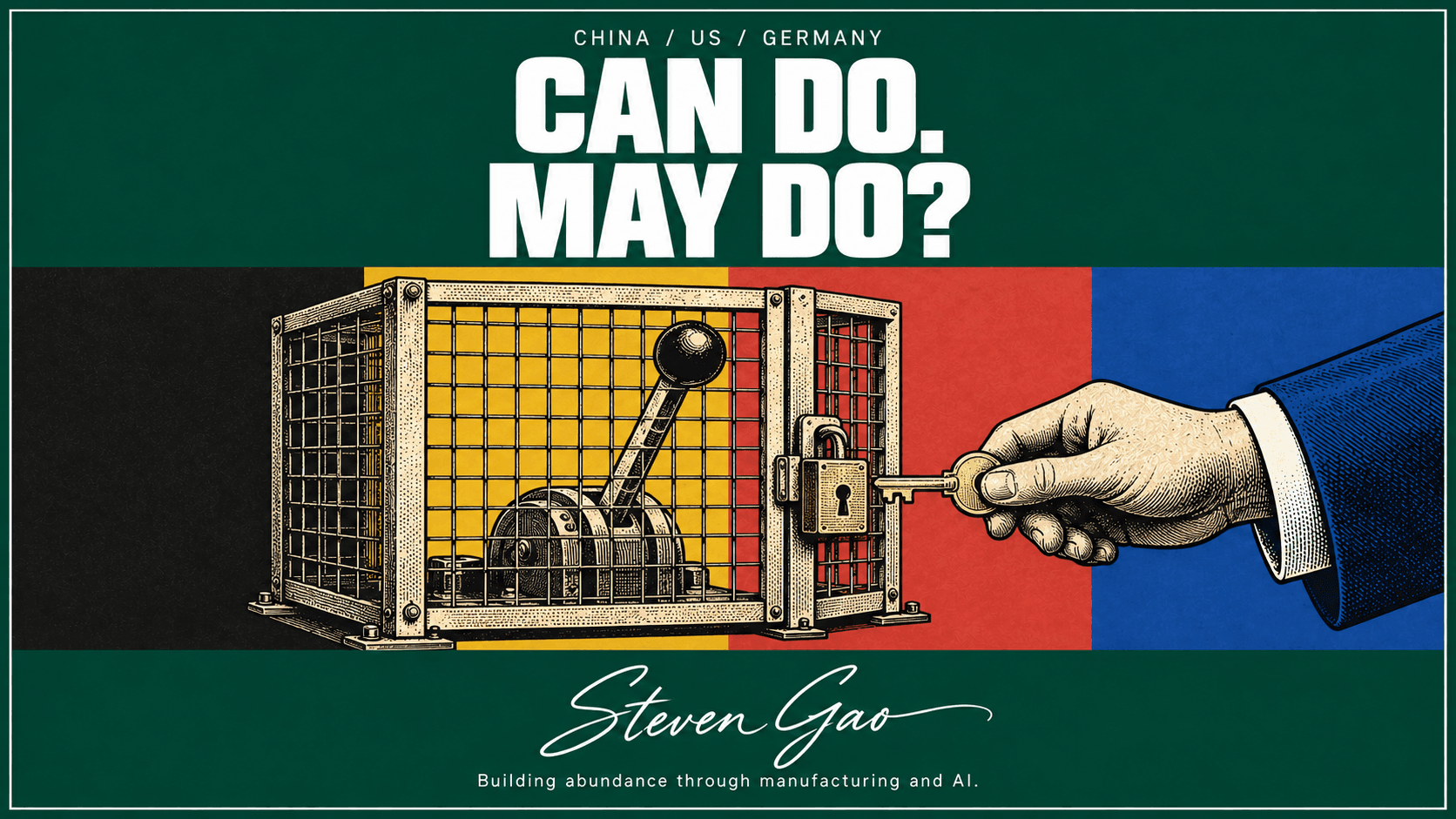 An engraved industrial control lever behind a locked gate, with a human hand holding the key, across black, yellow, red and blue panels. The headline reads CAN DO. MAY DO? A conceptual illustration of authorization, not a safety-system diagram.