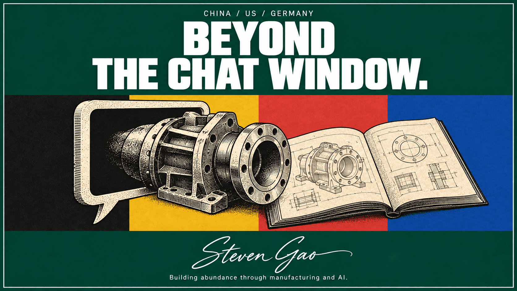 A speech-window outline opening onto a real machine and engineering manual, representing the work beyond a chatbot.