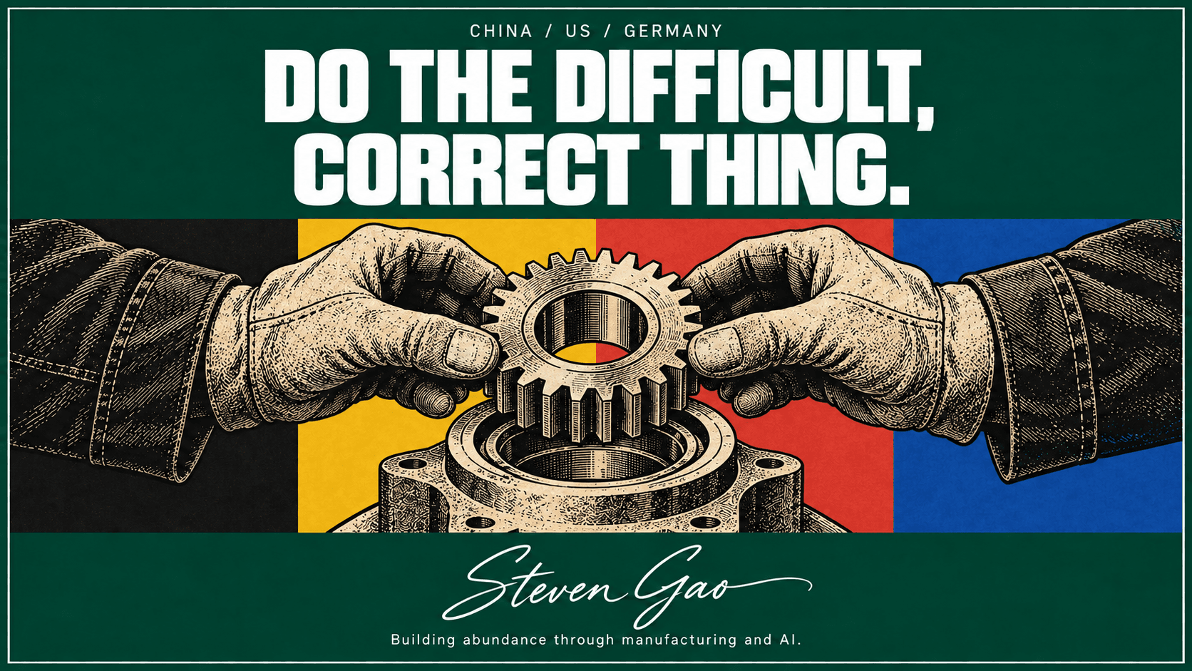 Work-gloved hands carefully aligning a precision gear into its housing, representing difficult work done with judgment.
