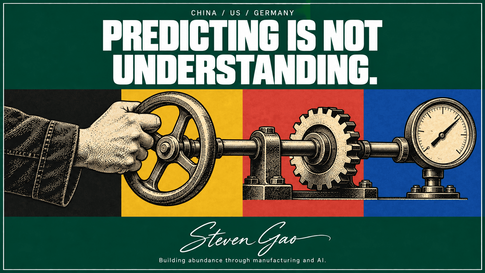 A hand adjusting a machine’s control wheel beside an exposed mechanical linkage, illustrating intervention rather than prediction.