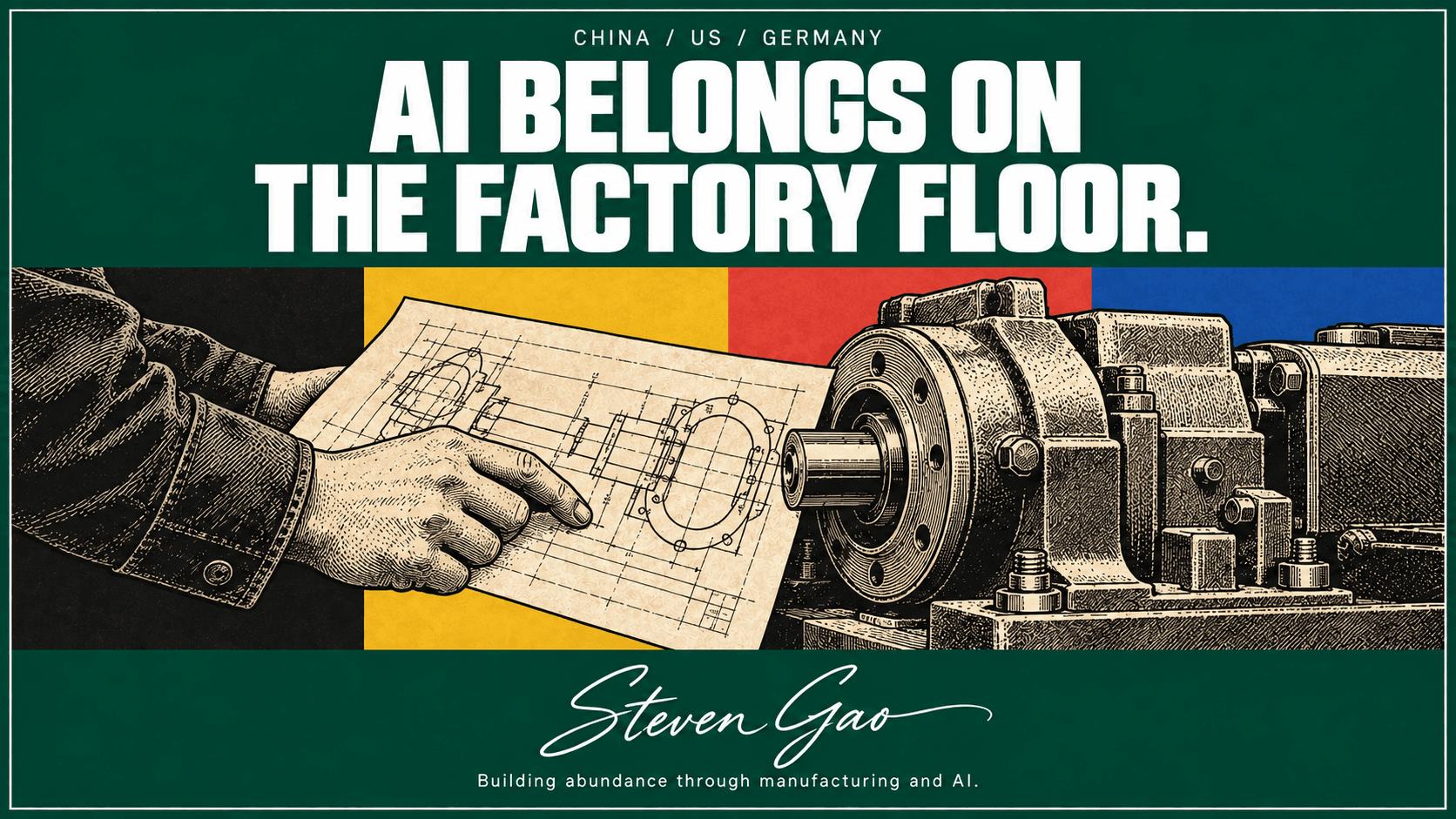 An engineer’s hand connecting a technical drawing to a real machine, representing AI grounded in manufacturing work.